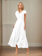 A Line V Neck Flutter Sleeve Ankle Length Chiffon Dress With Appliques