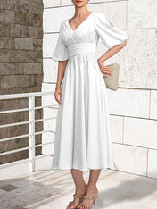 A-line V-Neck Tea-Length Lace Chiffon Mother of the Bride Dress With Pleated