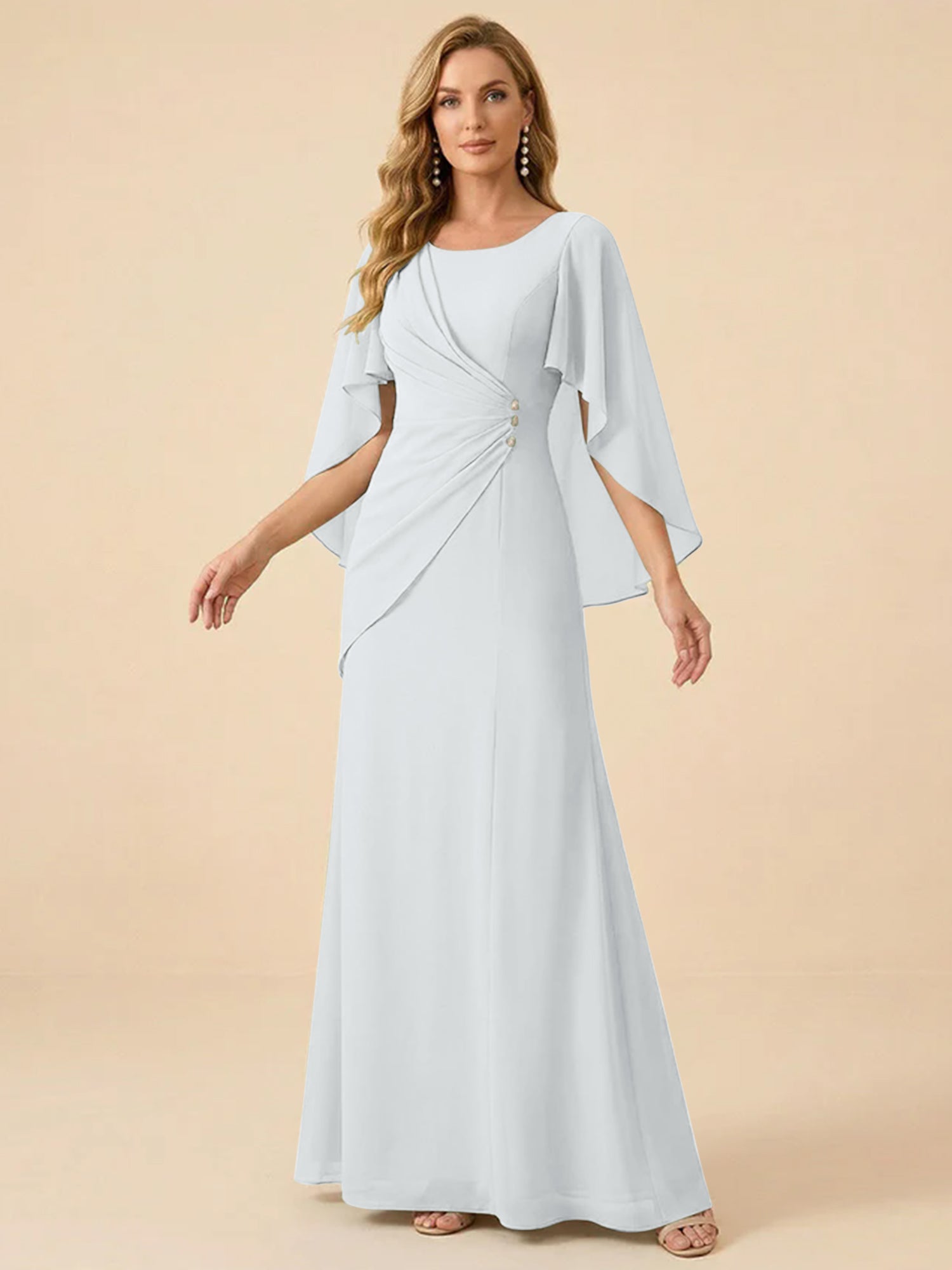 Sage Green Chiffon Beaded Mother of the Bride Dress with Cape Sleeves