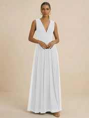 Teal Pleated V-Neck Chiffon Evening Gown with Ruched
