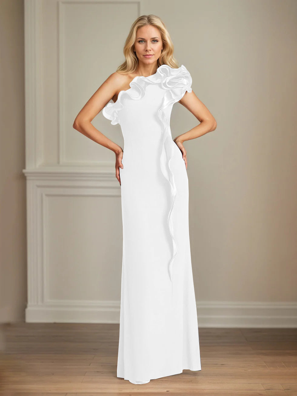Column One Shoulder Floor Length Mother of the Bride Dresses With Ruffles