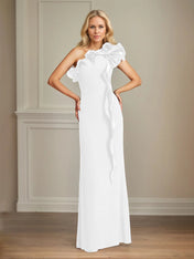 Navy Stretch Crepe Sheath/Column One Shoulder Floor Length Mother of the Bride Dresses With Ruffles