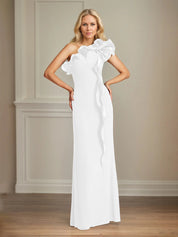 Navy Stretch Crepe Sheath/Column One Shoulder Floor Length Mother of the Bride Dresses With Ruffles