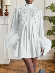 Blue Feather Ruched Chiffon Mock Neck Long Sleeve A-Line Mini Dress