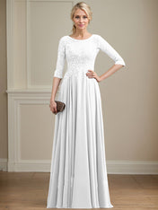 A-line Scoop Illusion Floor-Length Lace Chiffon Mother of the Bride Dress With Sequins