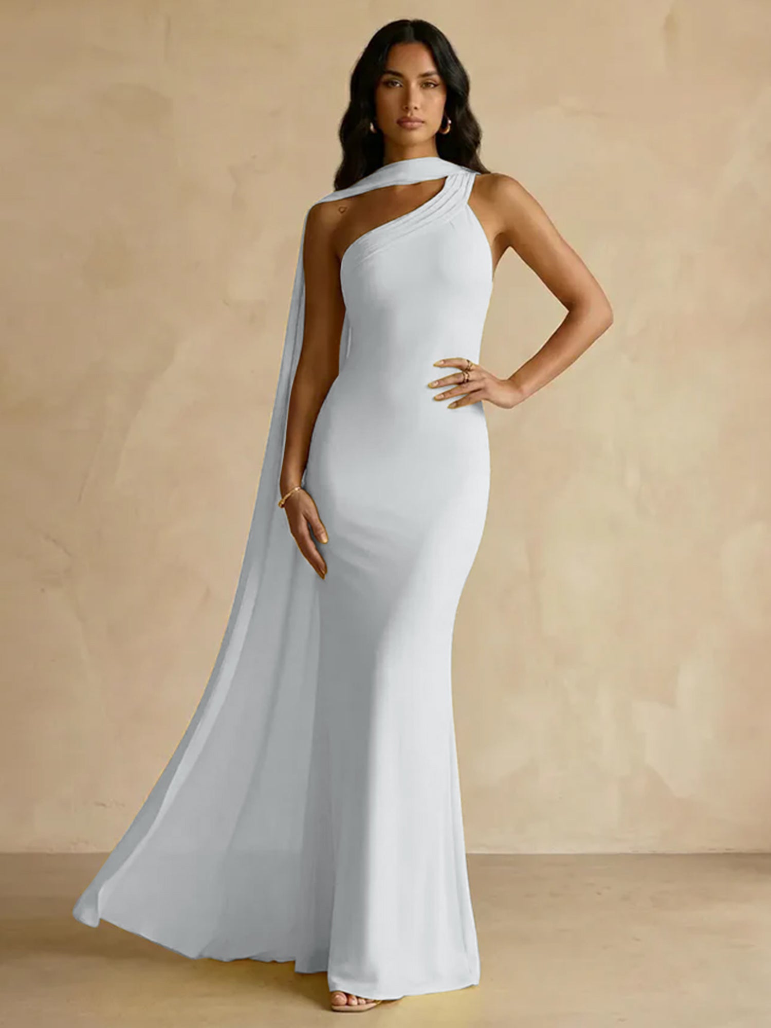 Yellow One-Shoulder Crepe Sheath Gown with Flowing Chiffon Cape Train