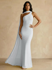 Yellow One-Shoulder Crepe Sheath Gown with Flowing Chiffon Cape Train