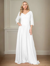 A Line Chiffon V Neck 3/4 Sleeves Floor-Length Mother Of The Bride Dress With Appliques