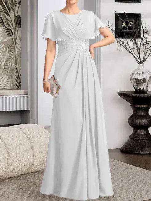 A-line Scoop Floor-Length Chiffon Mother of the Bride Dress With Pleated Beading