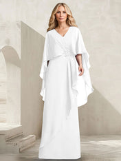 A-line V-Neck Floor-Length Chiffon Mother of the Bride Dress With Cascading Ruffles Beading