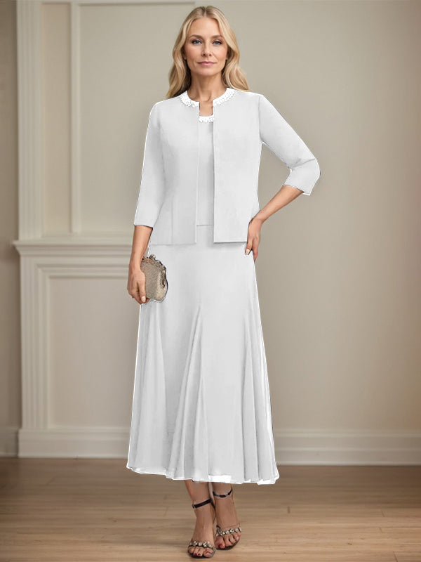 Separates A-line Scoop Tea-Length Chiffon Mother of the Bride Dress With Sequins Beading