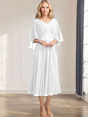 A-line V-Neck Tea-Length Chiffon Mother of the Bride Dress With Pleated Sequins Appliques Lace Beadind