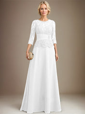 A-line Scoop Illusion Floor-Length Chiffon Lace Mother of the Bride Dress With Pleated Sequins Beading