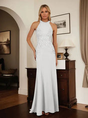 Dusty Blue Sheath Halter Long Mother of Bride Dress With Appliques