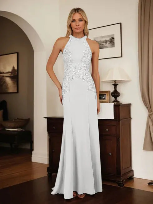 Dusty Blue Sheath Halter Long Mother of Bride Dress With Appliques