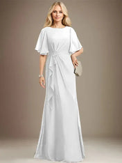 A-line Scoop Floor-Length Chiffon Mother of the Bride Dress With Cascading Ruffles Beading Sequins