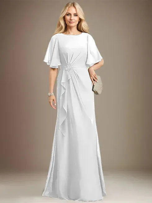 A-line Scoop Floor-Length Chiffon Mother of the Bride Dress With Cascading Ruffles Beading Sequins