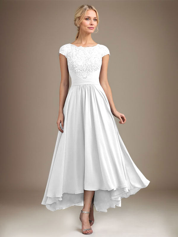 A-line Scoop Illusion Asymmetrical Lace Chiffon Mother of the Bride Dress With Pleated