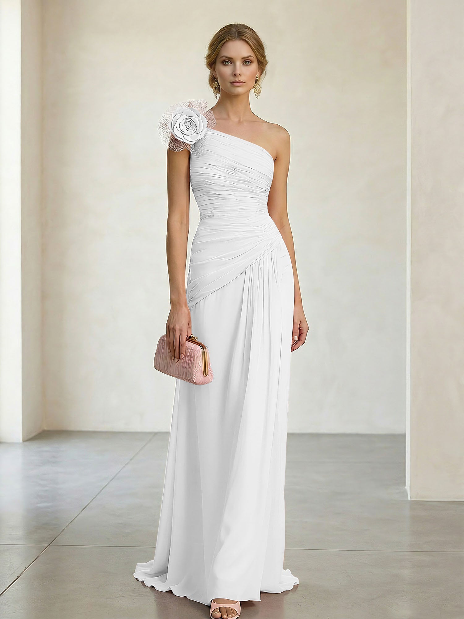 Blush Pink One-Shoulder Ruched 3D Floral Gown Dress