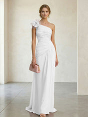 Blush Pink One-Shoulder Ruched 3D Floral Gown Dress