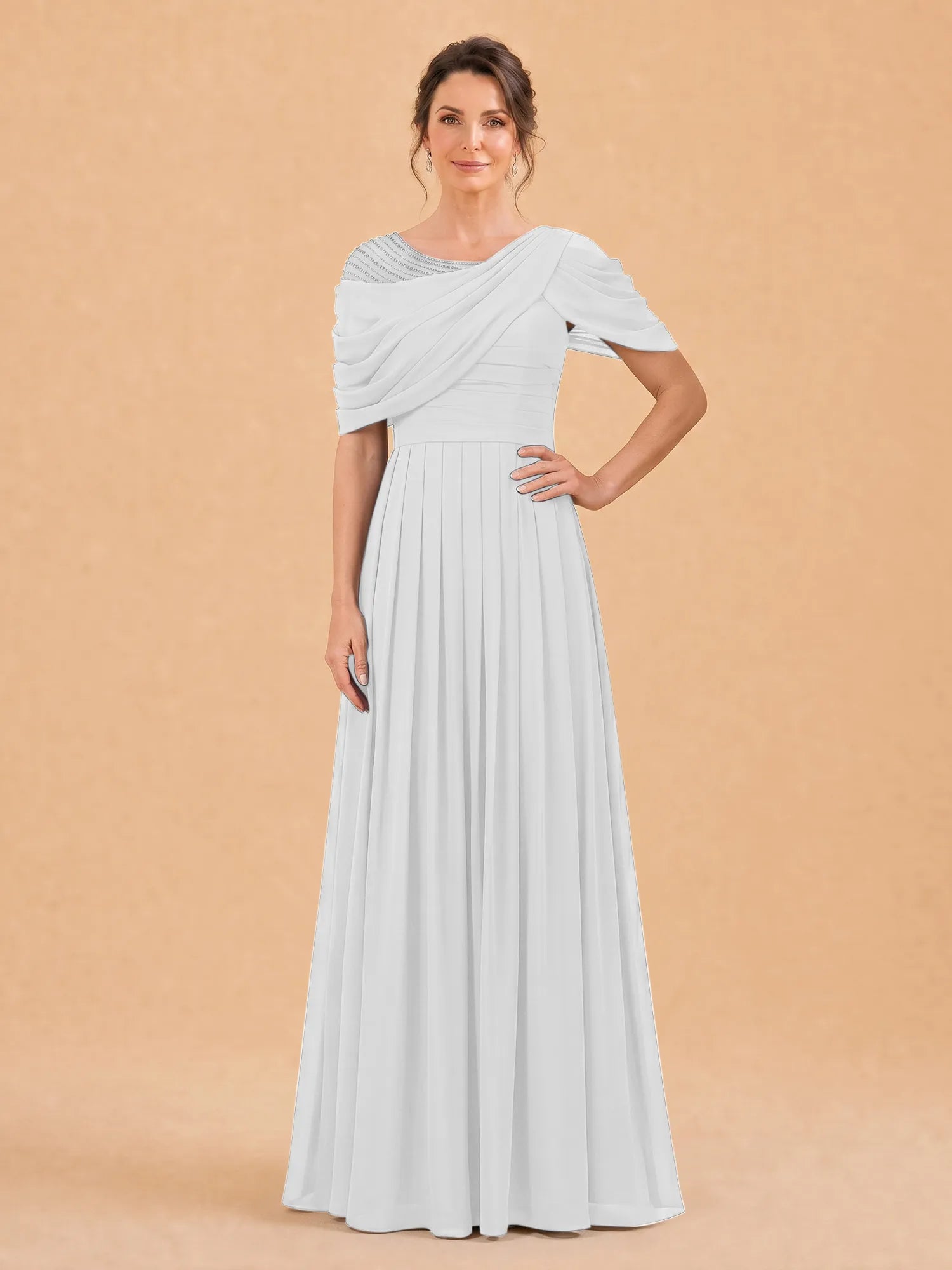 One-Shoulder Cape Overlay Chiffon Mother of the Bride Dress