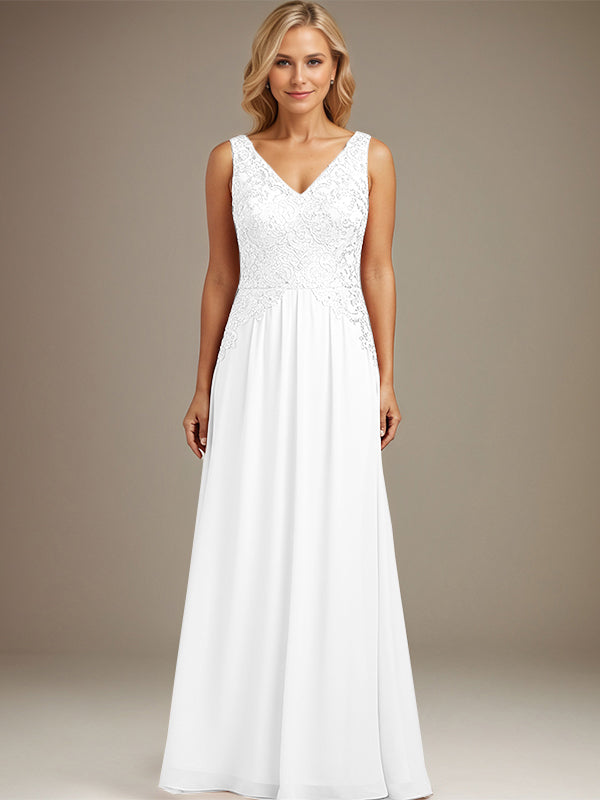 Burgundy A-line V Neck Floor-Length Lace Chiffon Mother of the Bride Dresses