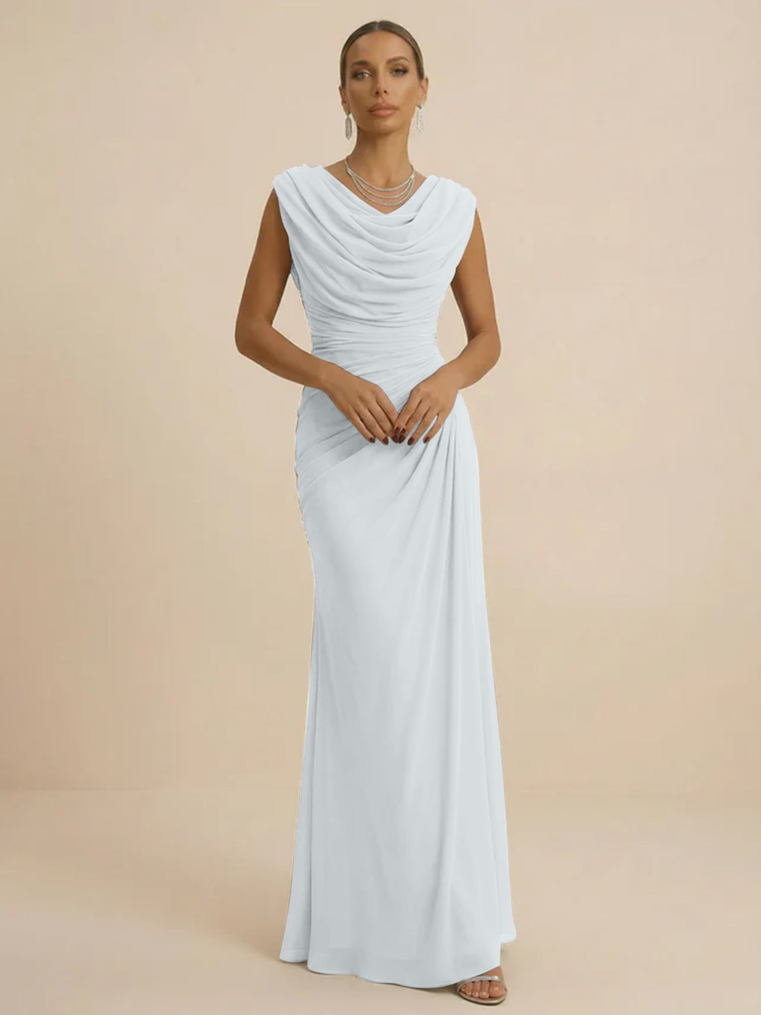 Dusty Grey Draped Cowl Neck Ruched Chiffon Evening Dresses