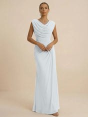 Dusty Grey Draped Cowl Neck Ruched Chiffon Evening Dresses