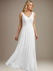 Dusty Blue A-line V Neck Floor-Length Lace Chiffon Mother of the Bride Dress