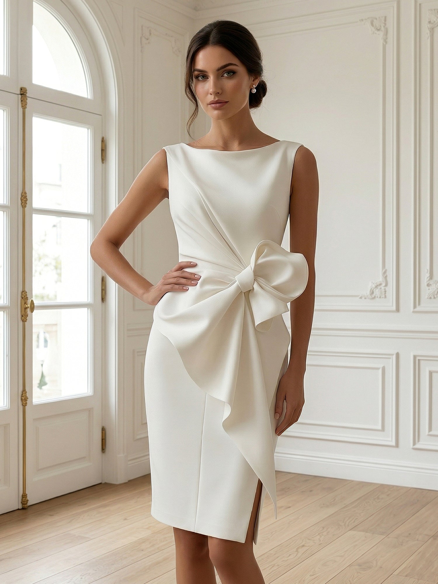 White 3D Bow Sleeveless Sheath Midi Dress Evening Gown
