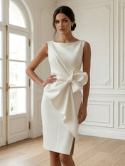 White 3D Bow Sleeveless Sheath Midi Dress Evening Gown