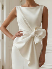 White 3D Bow Sleeveless Sheath Midi Dress Evening Gown