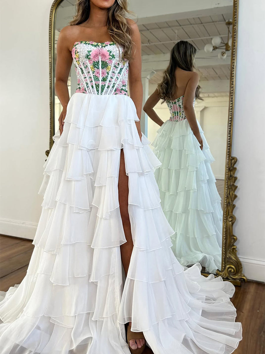 White Floral Embroidered Tiered Ruffle Prom Dress