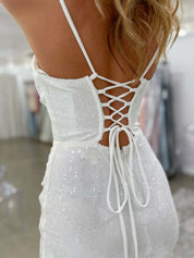 White Glittery Sequins Corset Homecoming Dress Spaghetti Straps Party Gowns
