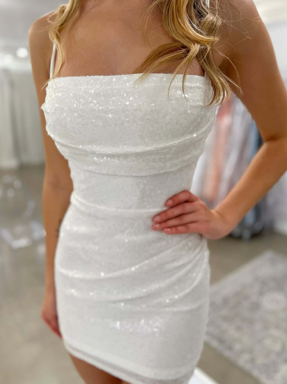 White Glittery Sequins Corset Homecoming Dress Spaghetti Straps Party Gowns