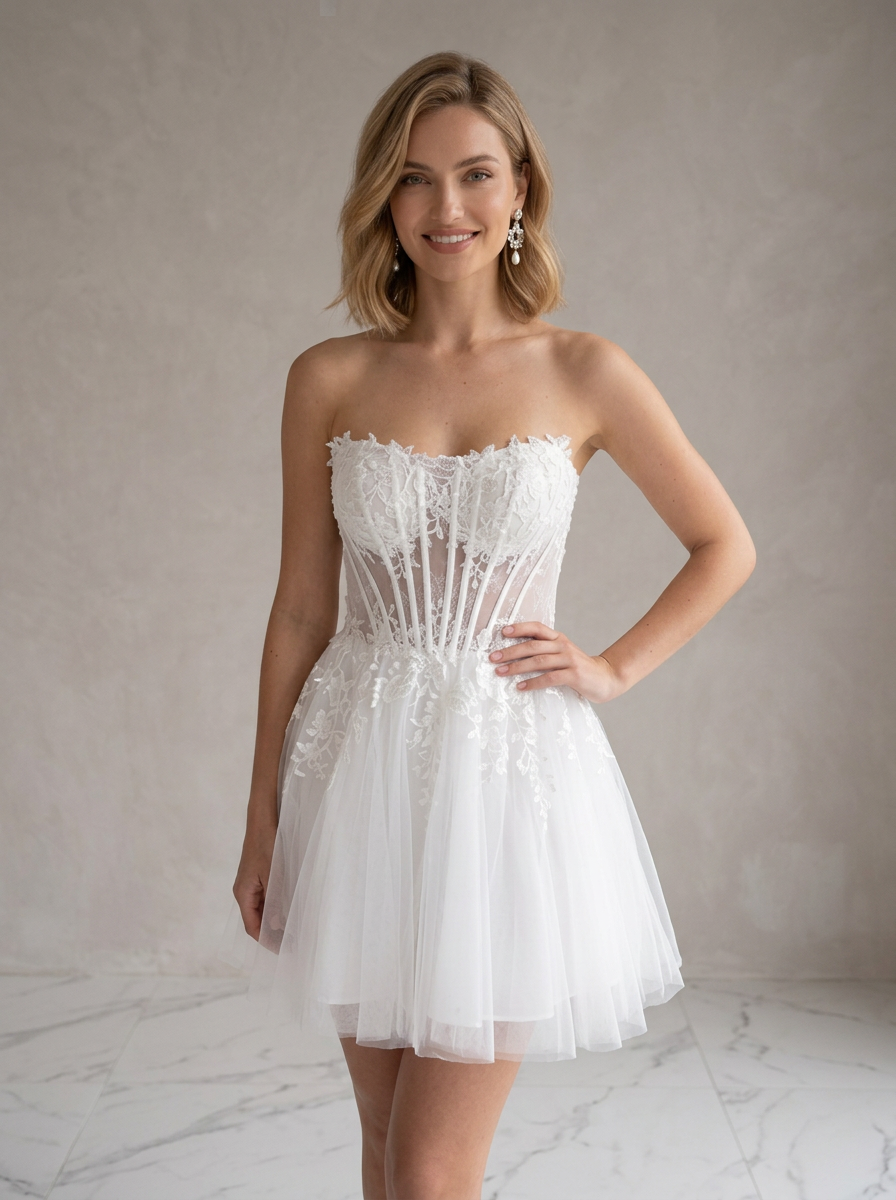 White Lace Corset Tulle Short Wedding Dress