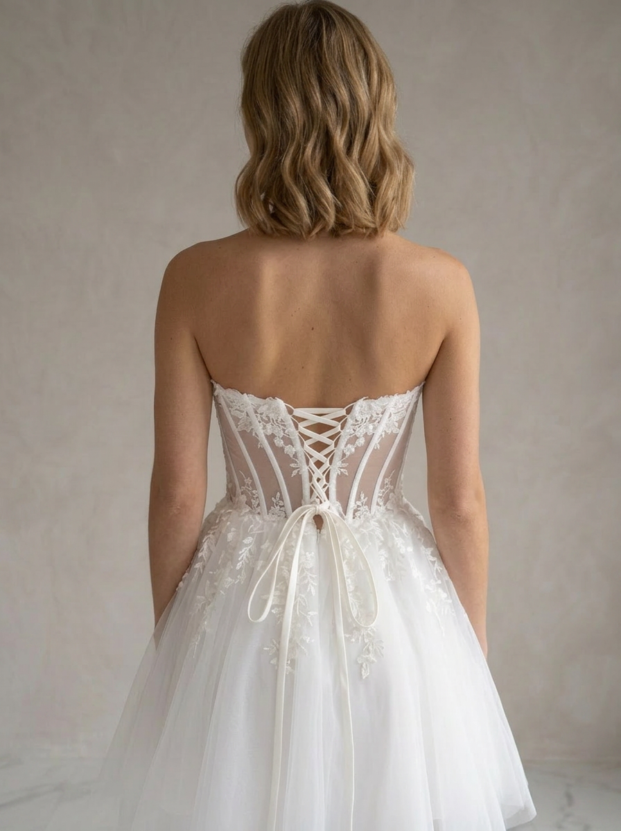 White Lace Corset Tulle Short Wedding Dress