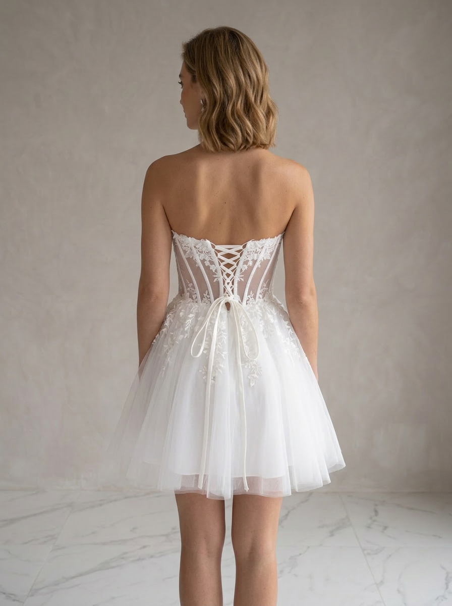 White Lace Corset Tulle Short Wedding Dress