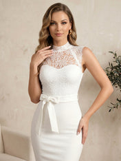 White Lace Illusion High Neck Midi Dress Gown