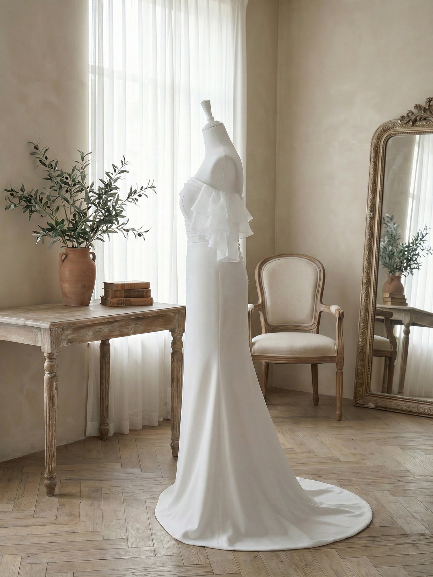 White Mermaid Off the Shoulder Ruffled Long Wedding Reception Dress
