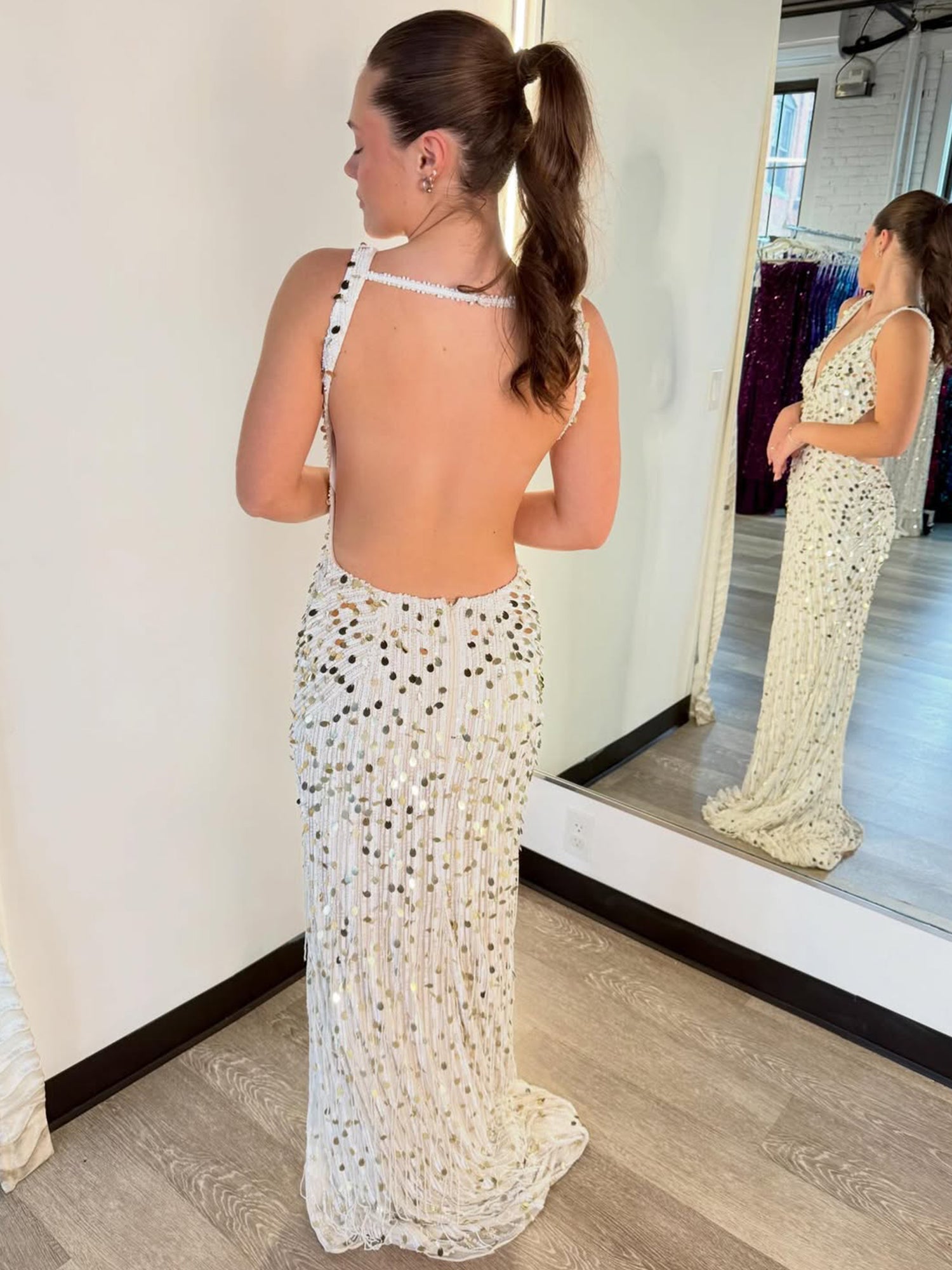 White V-Neck Open Back Paillette Sequin Prom Dresses