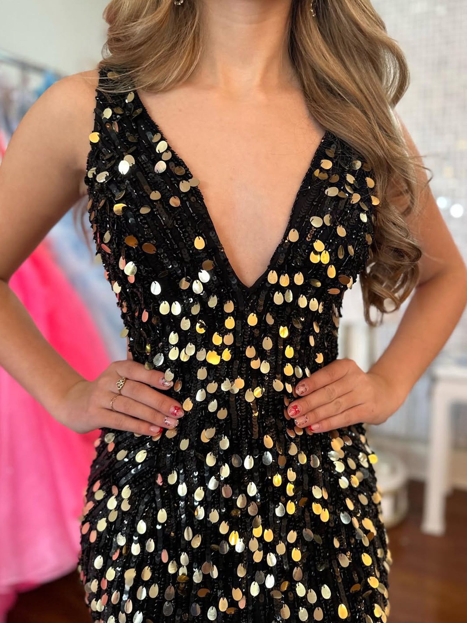 White V-Neck Open Back Paillette Sequin Prom Dresses