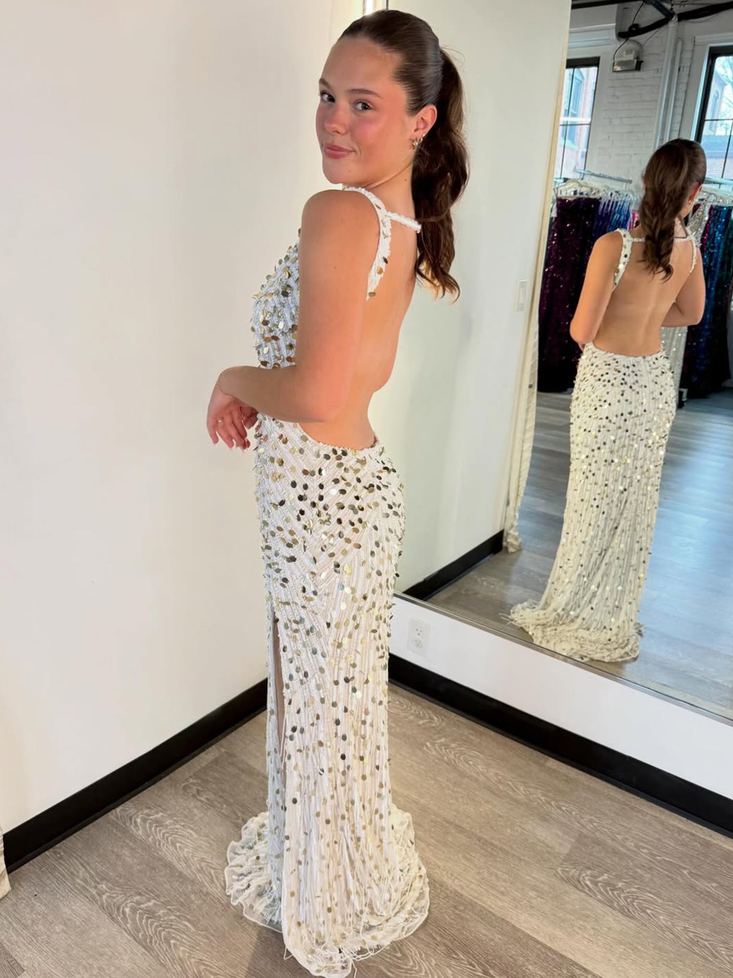 White V-Neck Open Back Paillette Sequin Prom Dresses