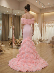 White Off-the-Shoulder Mermaid Prom Dresses with 3D Rosette Skirt