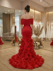 White Off-the-Shoulder Mermaid Prom Dresses with 3D Rosette Skirt