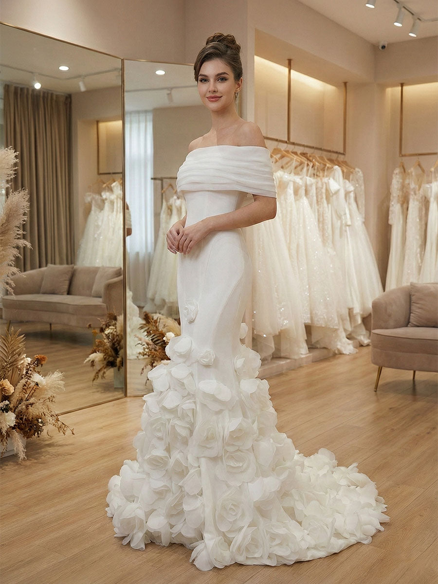White Off-the-Shoulder Mermaid Prom Dresses with 3D Rosette Skirt