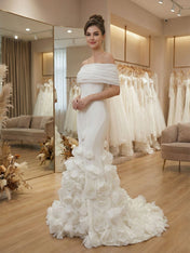 White Off-the-Shoulder Mermaid Prom Dresses with 3D Rosette Skirt