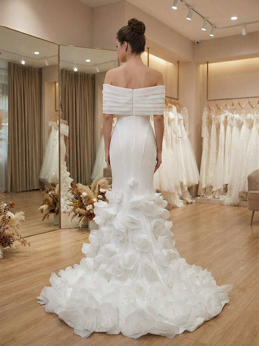White Off-the-Shoulder Mermaid Prom Dresses with 3D Rosette Skirt