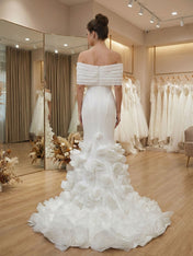 White Off-the-Shoulder Mermaid Prom Dresses with 3D Rosette Skirt