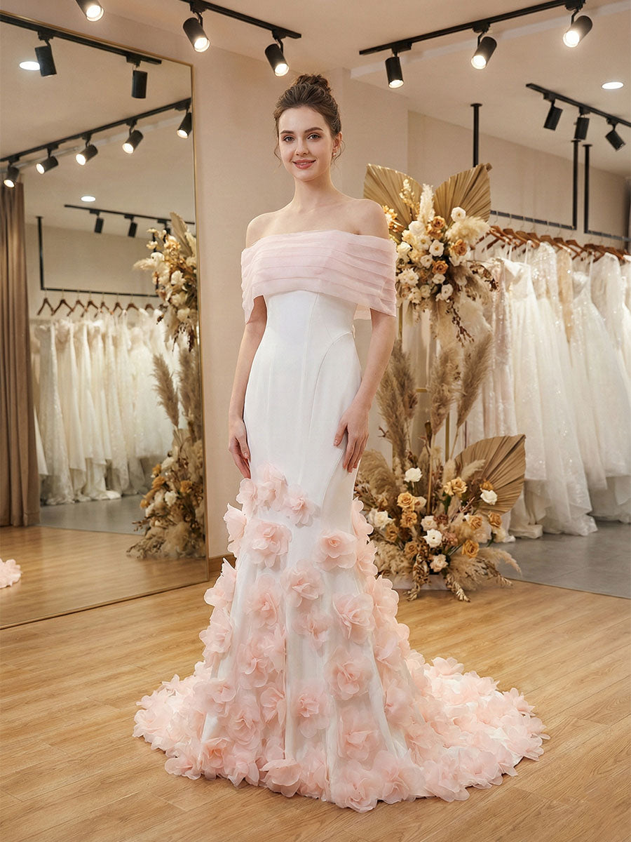 White Off-the-Shoulder Mermaid Prom Dresses with 3D Rosette Skirt